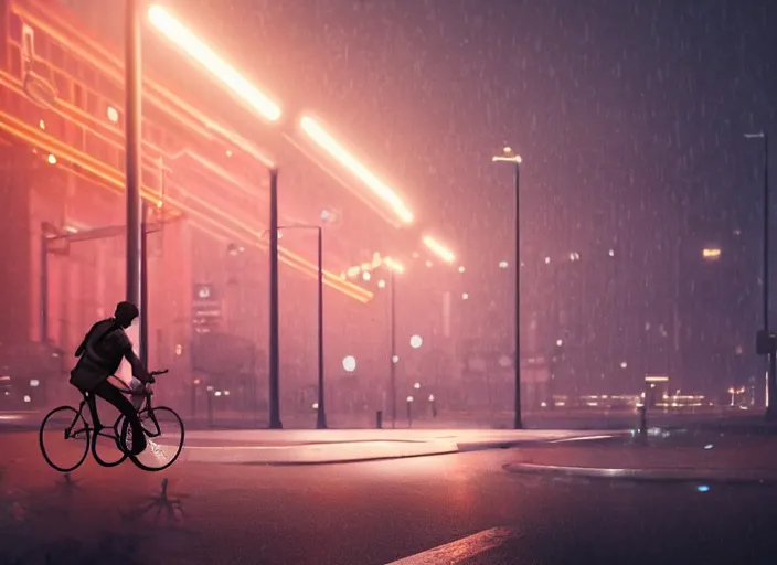 Image similar to uber eats delivery driver on a bicycle, mega details, greg rutkowski, orange lights, heavy rain, fog, beautiful rtx reflections, photorealistic, unreal engine 5, octane render, volumetric light, cg society, 4 k, bokeh, artstation