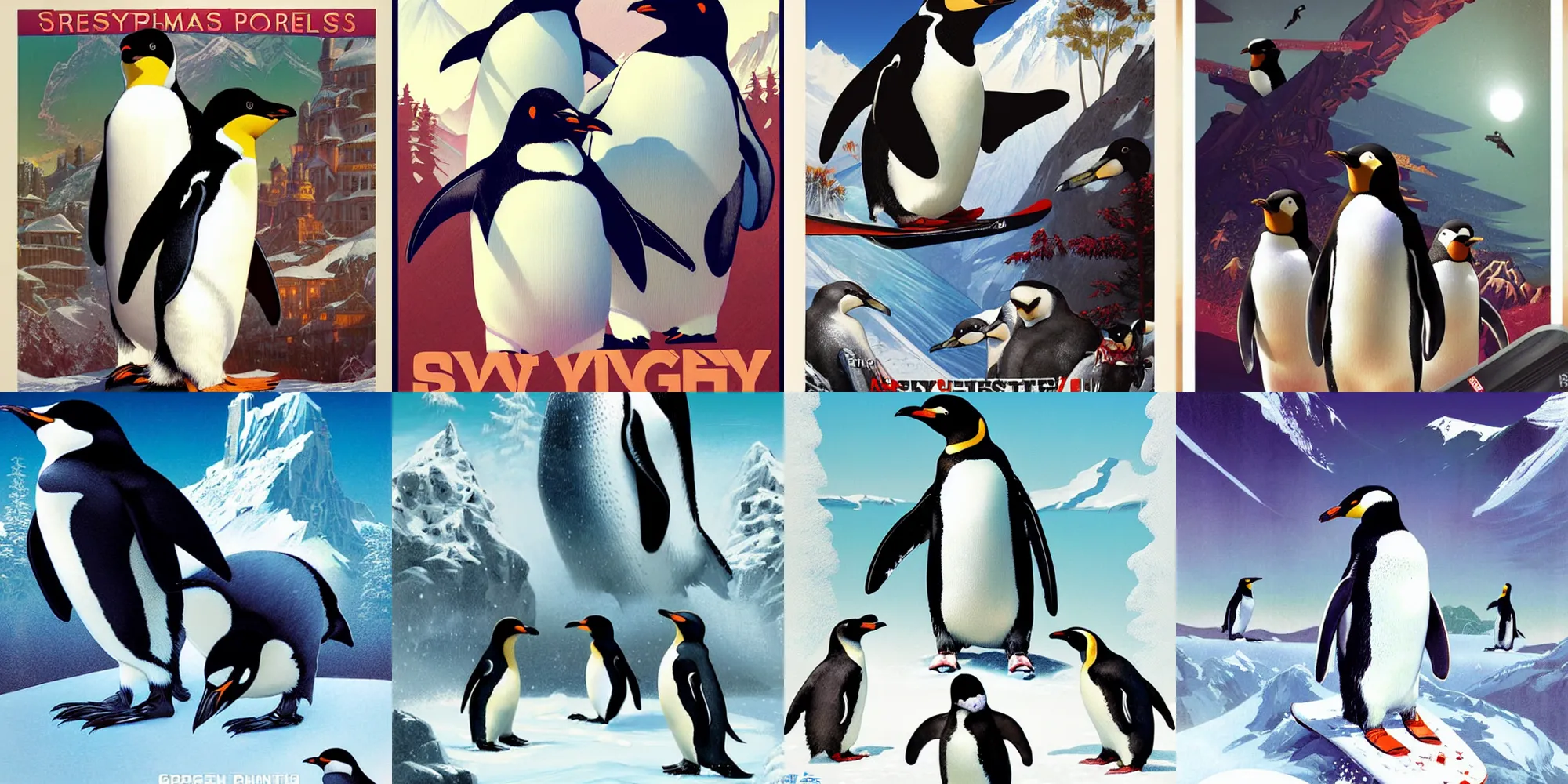 Prompt: ps 2 keyart game poster, snowboarding penguins, painted by tsuyoshi nagano, greg rutkowski, artgerm, alphonse mucha