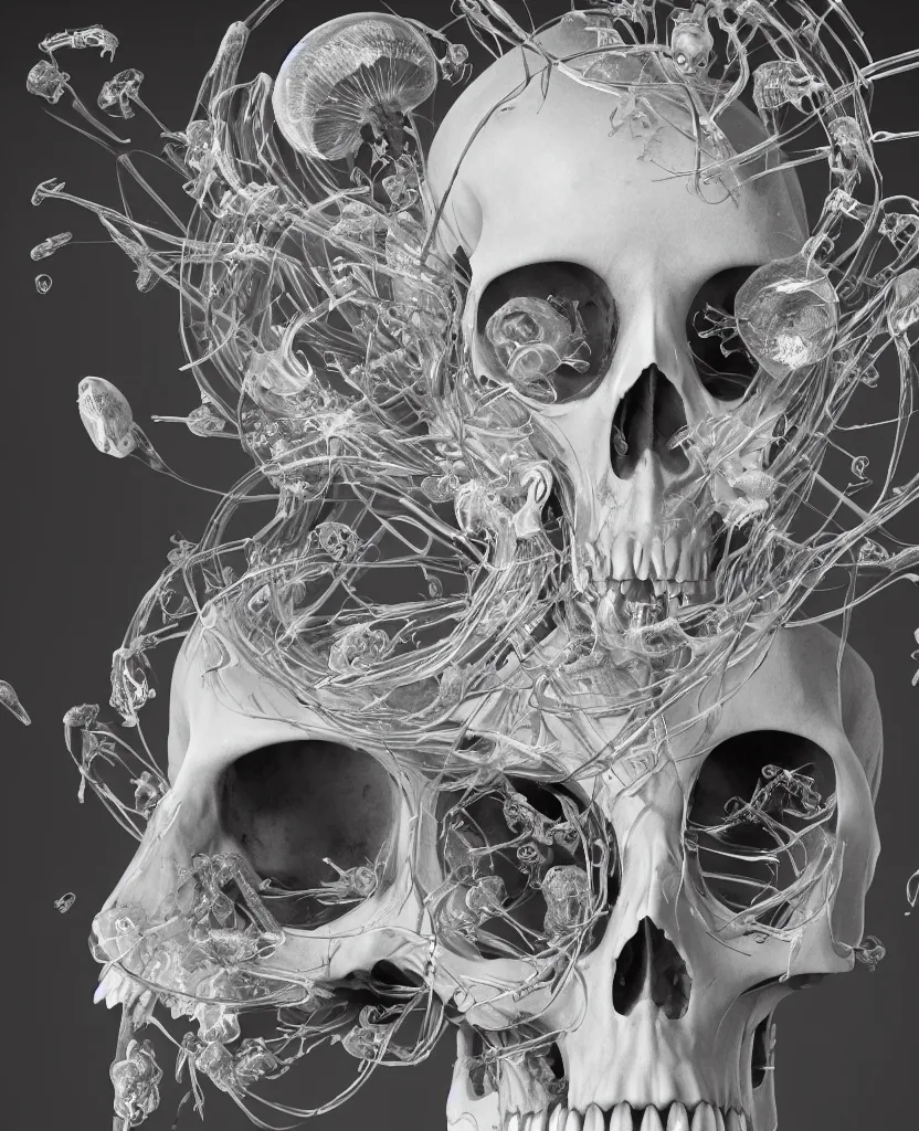 Image similar to close-up portrait goddess skull, thorax, x-ray, backbone, jellyfish phoenix head, nautilus, orchid, skull, betta fish, bioluminiscent creatures, intricate artwork by Tooth Wu and wlop and beeple. octane render, trending on artstation, greg rutkowski very coherent symmetrical artwork. cinematic, black and white, contrast, hyper realism, high detail, octane render, 8k