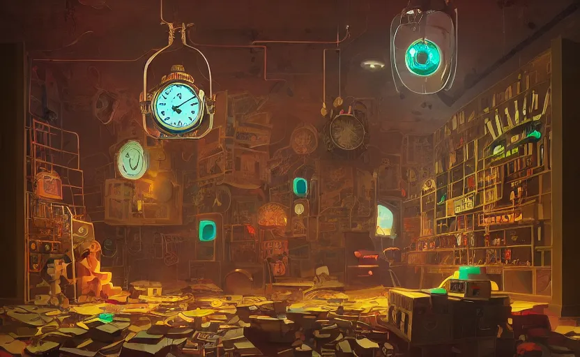 Image similar to Inside an old clock store by Petros Afshar and Beeple, James Gilleard, Mark Ryden, Wolfgang Lettl highly detailed