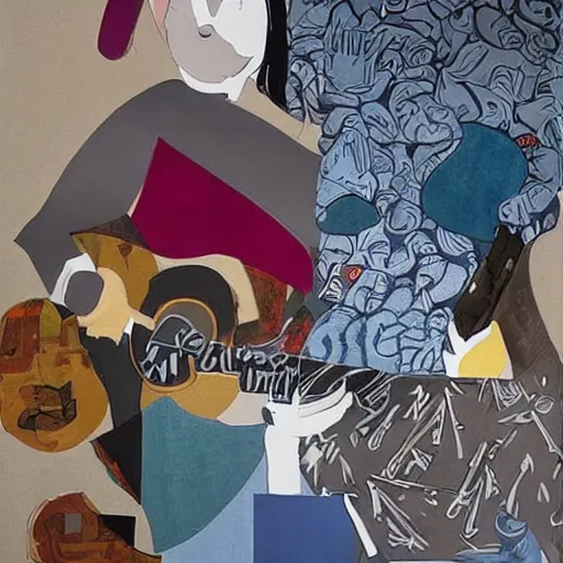 Image similar to portrait of a person playing guitar, abstract painting in the style of Sophie Taeuber-Arp and Gary Hume and Tatsuro Kiuchi, flat colour-block style, geometric abstraction, dark colours