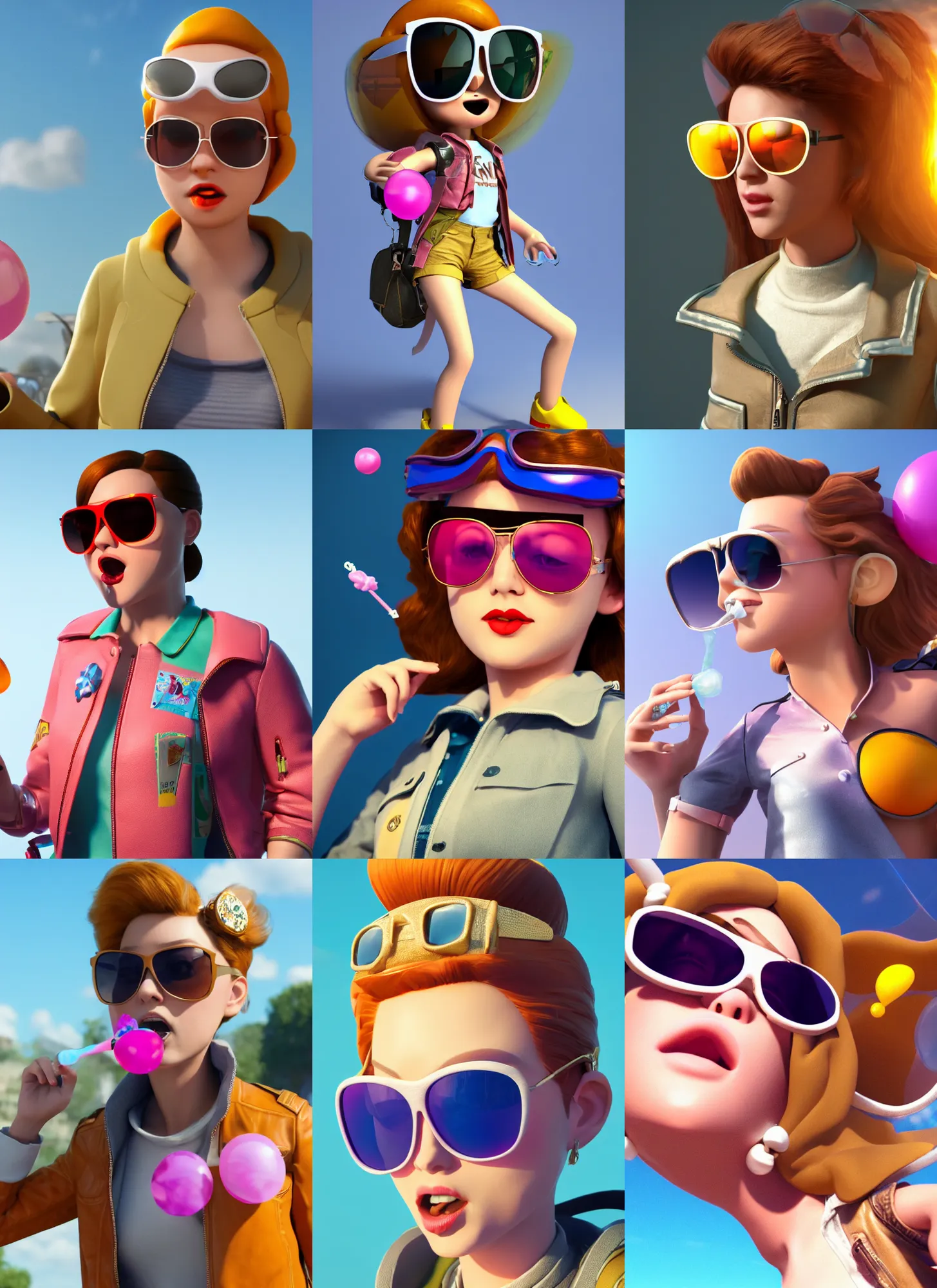 Prompt: Princess Daisy wearing sunglasses, an aviator jacket and jorts, blowing bubblegum, 3d octane render, unreal engine, tranding on artstation