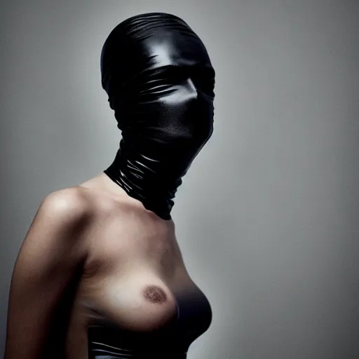 Prompt: beautiful female body silhouette, beautiful portrait, photography by amy leibowitz and filip fedorov, black latex female balaclava, female calendar, body painted with black fluid, urban city photography, close up portrait, cinematic still, film still, magic hour, dark mood, fashion portrait, cold colors, sony, kodak, long exposure