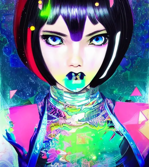 Prompt: very beautiful maximalist closeup portrait painting of a black bobcut hair style cybergoth magical girl in a blend of manga - style art, augmented with vibrant composition and color, all filtered through a cybernetic lens, by hiroyuki mitsume - takahashi and noriyoshi ohrai, dynamic lighting, flashy modern background