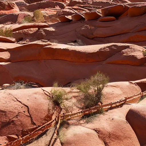 Prompt: cut sandstone structures cover a desert landscape