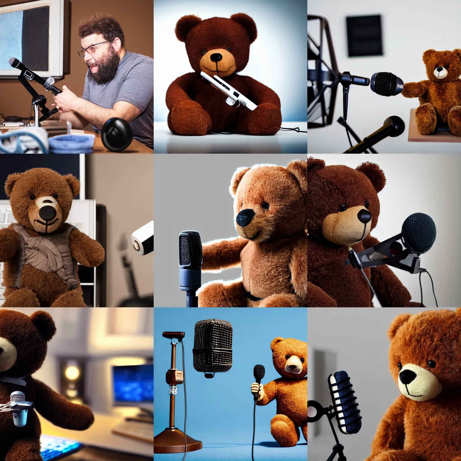 Prompt: A teddy bear podcaster in his studio, speaking to the microphone, photo realistic