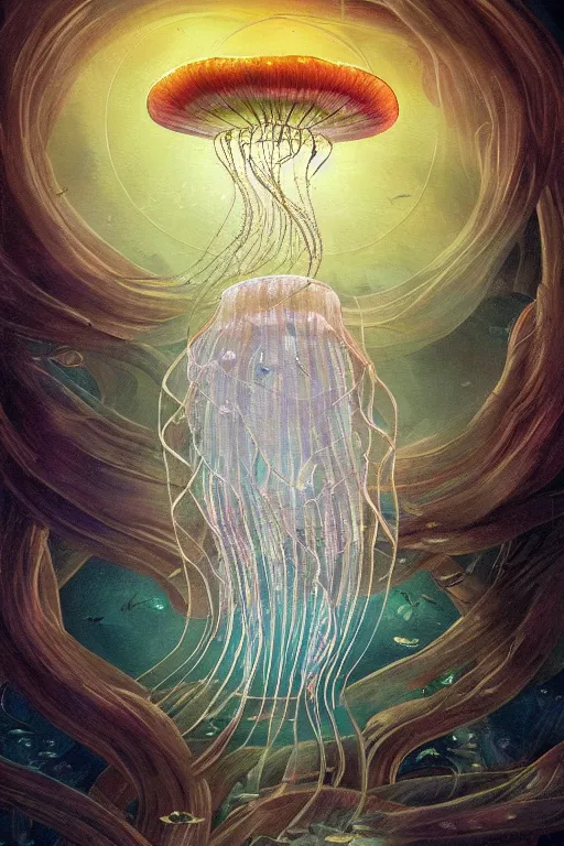 Image similar to a beautiful painting of a cylindrical moon jellyfish tank in an aquarium, ray of light, shimmering and prismatic, rococo, highly detailed, trending on artstation.