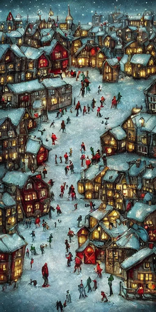 Image similar to a christmas ice skating village scene by alexander jansson