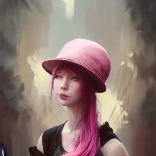 Prompt: a photorealistic dramatic fantasy render of a pink coloured haired young girl with a black wool modern hat by wlop, artgerm, greg rutkowski, alphonse mucha, beautiful dynamic dramatic dark moody lighting, shadows, cinematic atmosphere, artstation, concept design art, octane render, 8 k