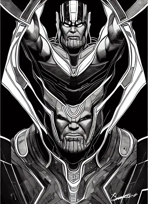 Image similar to symmetry concpet art, full shot, traditional ink, sketch, of thanos, line sketch, intricate, elegant, highly detailed, monochrome, digital painting, artstation, concept art, sharp focus, illustration, art by borderlands 3 and peter polach