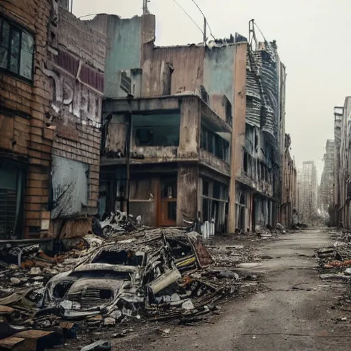 Image similar to an apocalyptic derelict city street with destroyef buildings on the sides