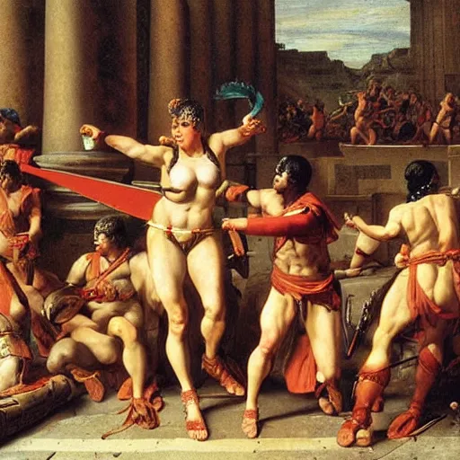 Image similar to muscular warrior women, spartan warrior women, clashing in gladiatorial arena, roman coliseum, roman emperor watching, art by jacques - louis david