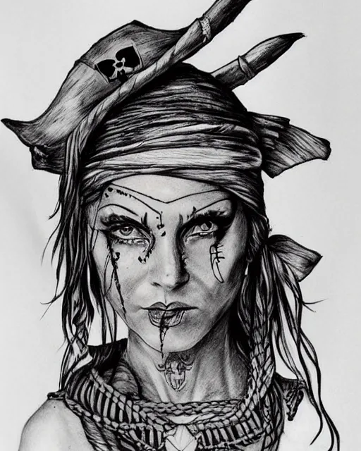 Image similar to pirate ship on a deserted island blended with a woman warrior face, realism tattoo drawing, hyper realistic, shaded