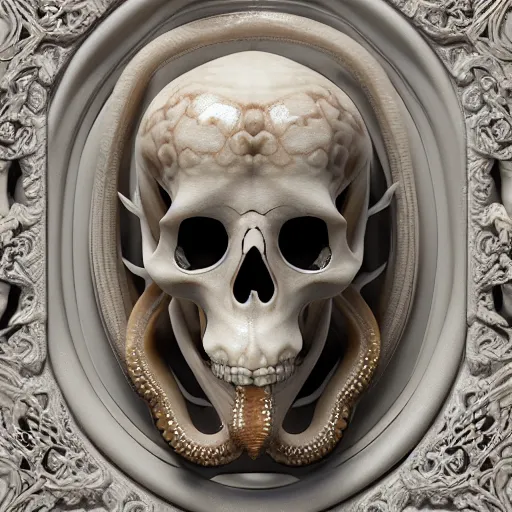 Prompt: hyper realistic 3 d render of ornately carved rococo human skull octopus hybrid, detailed scrimshaw pattern of occult symbols, tentacles, octane render 4 k, bone and ivory, waxy