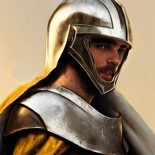 Image similar to man in crusader armor, helmet and white cape with yellow kingdom of jerusalem emblem on it drawn by greg rutkowski realistic high detail