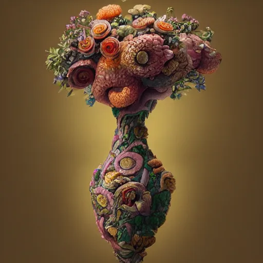 Image similar to biomorphic painting of a vase with flowers, au naturel, hyper detailed, digital art, trending in artstation, cinematic lighting, studio quality, smooth render, unreal engine 5 rendered, octane rendered, art style by klimt and nixeu and ian sprigger and wlop and krenz cushart