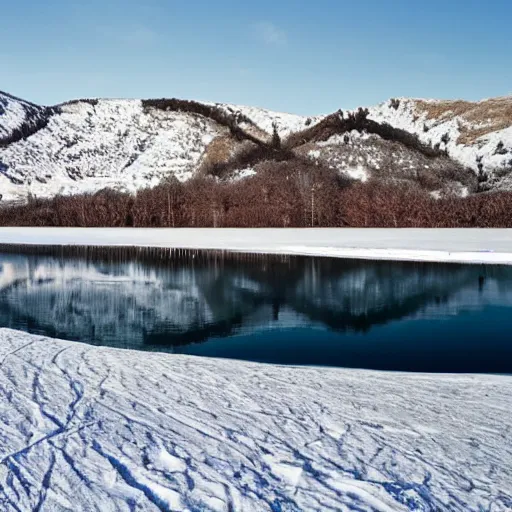 Prompt: on a man made lake there’s a sheet of thin ice where unskilled skaters couldn’t figure-eight twice