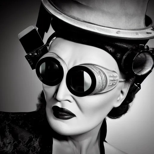 Image similar to dslr photo portrait still of marlene dietrich wearing steampunk goggles, 8 5 mm, f 1. 8, photorealistic, 4 k, octane render,