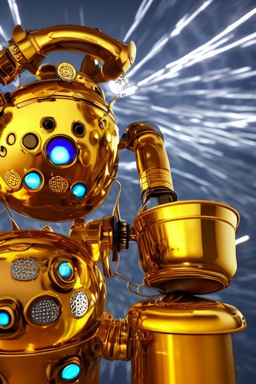 Image similar to portrait photo of a huge golden and blue metal steampunk robot wearing a big chef hat, with steaming pots and pans and tubes, eyes are green lights, shiny crisp finish, 3 d render, 8 k, insaneley detailed, fluorescent colors, background is multicolored lasershow