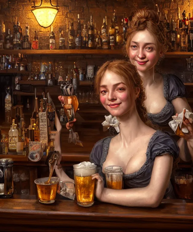 Image similar to hyperrealistic mixed media painting of a beautiful smiling charismatic barmaid, dimly lit cozy tavern, relaxed pose, serving customers at bar, medieval period, stunning 3d render inspired art by Tim Okamura + perfect facial symmetry + dim volumetric lighting, 8k octane beautifully detailed render, post-processing, extremely hyperdetailed, intricate, epic composition, grim yet sparkling atmosphere, cinematic lighting + masterpiece, trending on artstation, very very detailed, masterpiece, stunning