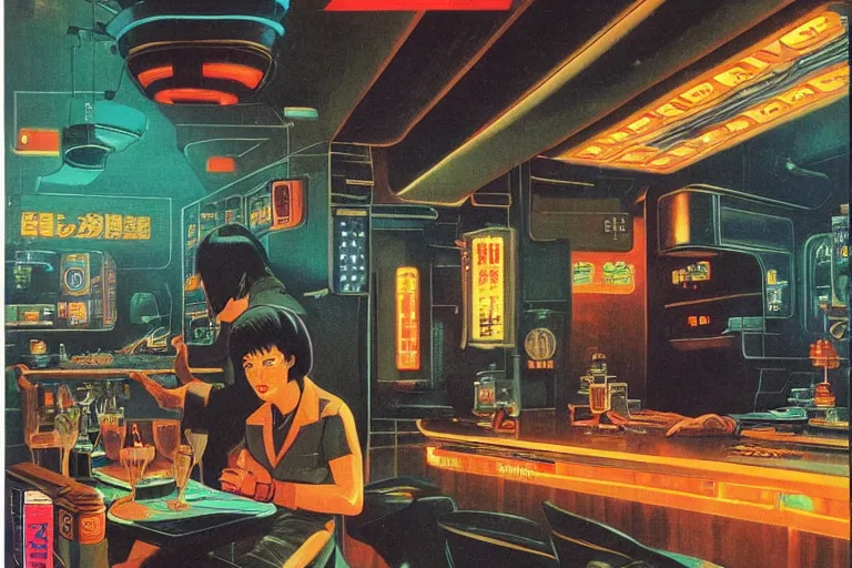 Prompt: 1979 OMNI Magazine Cover of a cozy bar interior in neo-tokyo in cyberpunk style by Vincent Di Fate. Product advertisement