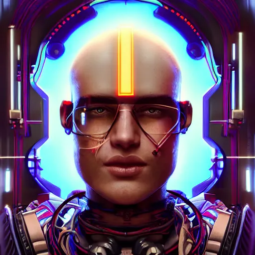 Image similar to centered symmetrical portrait of a persian cyberpunk cyborg surgeon with glowing cybernetics, hyperdetailed, digital painting, trending on Artstation, cel-shading style, CG society, hyperdetailed, digital painting, hypermaximalist, golden ratio, volumetric, octane render, weta digital, micro details, 3d sculpture