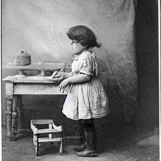 Image similar to victorian child standing in a dill maker's shop