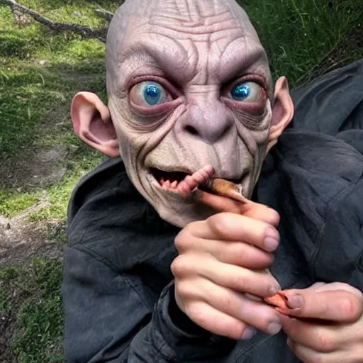 Image similar to Gollum smokes cigarette selfie