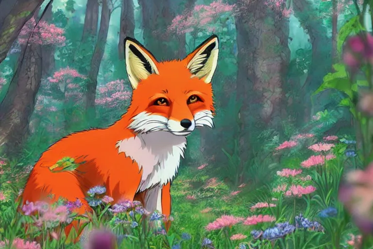 Image similar to a beautiful fox in the forest covered in flowers, sunlight beaming down, studio ghibli style, soft fur, two pointed ears, long tail, high octane filter, beautiful lighting, wildlife, feral, detailed anime artwork