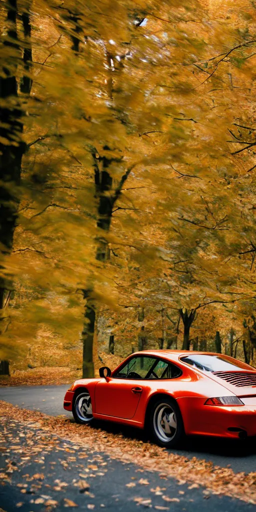 Image similar to photo of a porsche driving through autumn leaves, photo, kodak portra 4 0 0, direct flash, cinematic lighting, anti aliasing