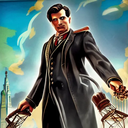 Image similar to bioshock infinite as propaganda of calibrum daerganzi, justify content center, realistic content, detail content, medium long shot content, 1 5 color content