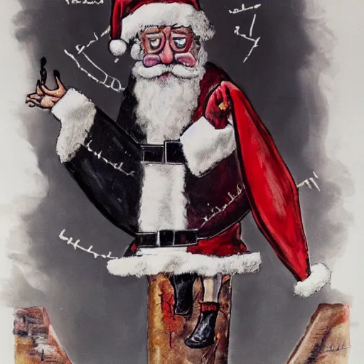 Image similar to a detailed portrait painting of santa on the cross by gerald scarfe and ralph steadman