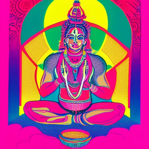 Image similar to indian deity of luck, bright psychedelic colors, lotus pose, risograph, hyperrealis