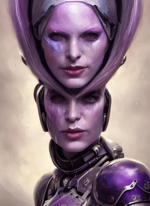 Prompt: a hyper detailed face portrait of a pale woman with purple hair in sci - fi cybernetic armor, sylvanas windrunner, sideshow figurines, by tom bagshaw, artgerm, dorian cleavenger, greg rutkowski, wlop, astri lohne, zdzisław beksinski trending on artstation