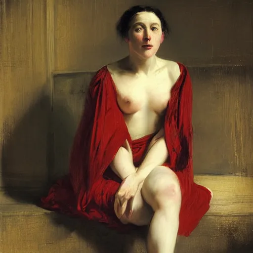 Prompt: vivid by edwin henry landseer. a beautiful conceptual art. her cell is as bare as mine. she is sitting in the middle, hugging her knees, wrapped in a toga - like garment.