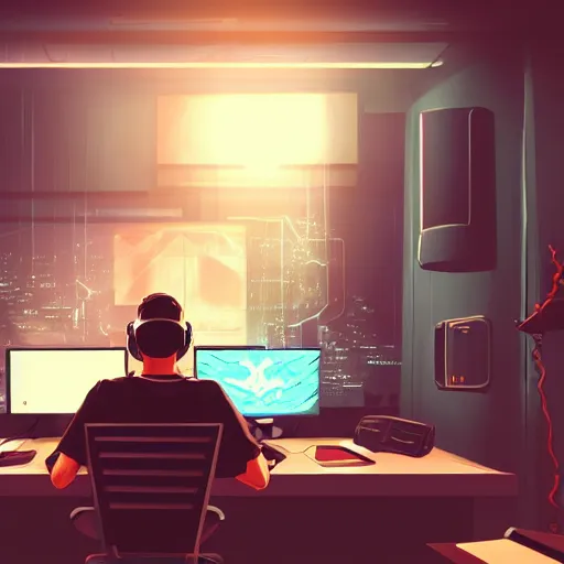 Prompt: realistic man using laptop in gaming room, artstation trends, cyberpunk concept art, highly detailed, intricate, sharp focus, digital art, 8 k