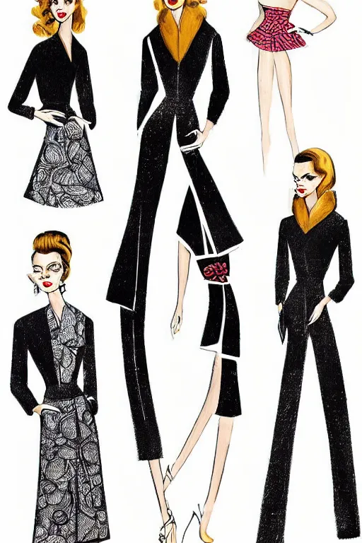 Image similar to a detailed high fashion illustration of a atomic style mid century outfit