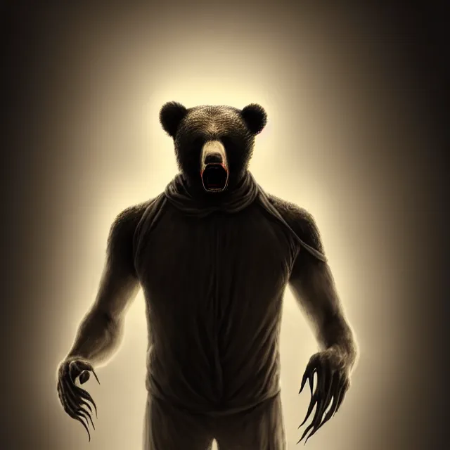 Prompt: A photorealistic picture of a man in a straitjacket with his arms bound behind him possessed by a dark ghostly bear demon and lunging forward epic, professional digital art, best on artstation, cgsociety, wlop, Behance, pixiv, astonishing, impressive, cosmic, outstanding epic, stunning, gorgeous, much detail, much wow, masterpiece.