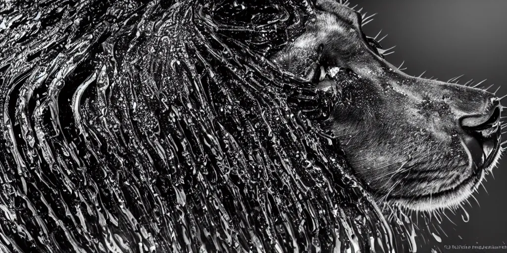 Image similar to a black lioness made of ferrofluid bathing inside the bathtub full of ferrofluid at the photography studio, covered in dripping ferrofluid. dslr, wrinkles, ferrofluid, photography, realism, animal photography