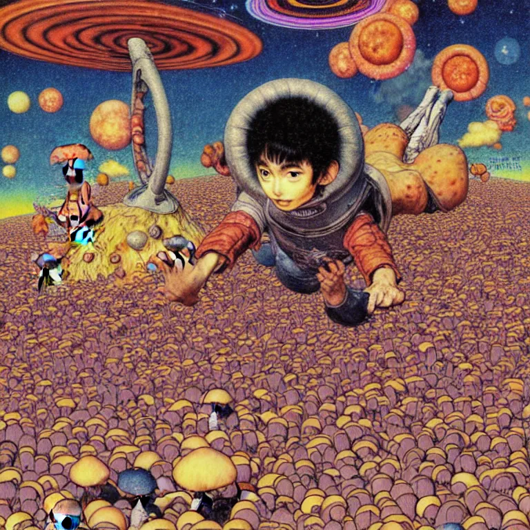 Image similar to cursed illustration of starship landing on planet of colorful mushrooms, manga style of kentaro miura, by norman rockwell, weirdcore