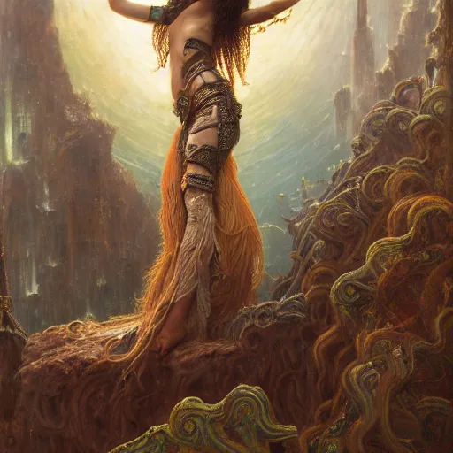 Image similar to intricate detail, hyper detail, lady of elche techno mystic princess intergalactica, inanna, ashteroth, with aqua neon rapunzel dreadlocks, mami wata, detailed, by gaston bussiere, bayard wu, greg rutkowski, h. r. giger, greg rutkowski, sandro botticelli, masterpiece, sharp focus,