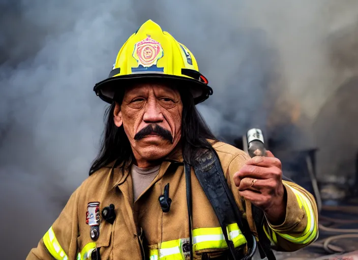 Image similar to photo of danny trejo as a firefighter putting out a big fire, 8 k, 8 5 mm f 5. 6