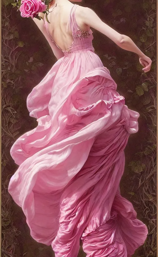 Image similar to !!beautiful!! woman dressed in a vaporous wrapped large victorian pink roses silk semi-transparent dress fashion is running, fantasy, intricate, elegant, highly detailed, digital painting, trending on artstation, concept art, matte, sharp focus, illustration, art by Artgerm and Greg Rutkowski and Alphonse Mucha