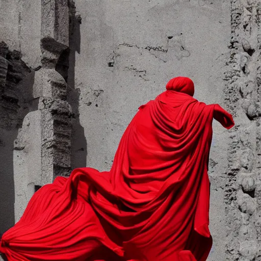 Image similar to a roman statue covered by red cloth that's blowing in the wind, digital art, concept art, cloth simulation with houdini, octane, redshift, 8 k