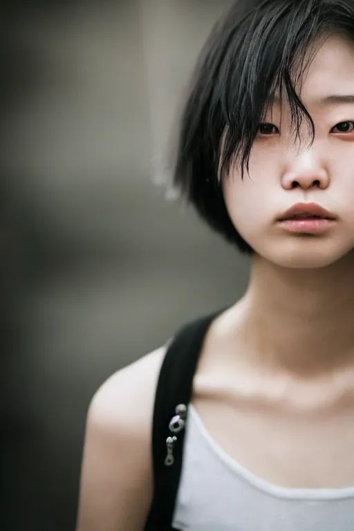 Prompt: a beautiful gorgeous Japanese edgy model girl with short hair, she's sad, sunset, street of Hong Kong, 80mm lens, 1.2 aperture, grainy image, close up, cinematic light, very detailed, depressing atmosphere, cover magazine