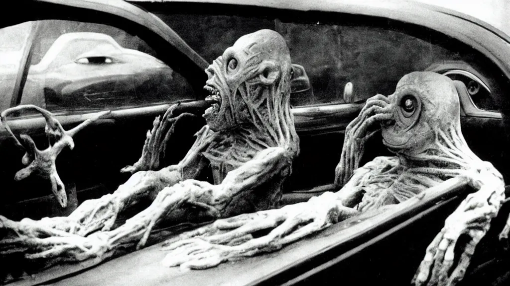 Image similar to the creature sits in a car, made of wax and metal, film still from the movie directed by David Cronenberg with art direction by Salvador Dalí, wide lens