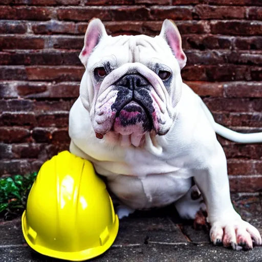 Prompt: A white olde english bulldogge operating heavy machinery while wearing a yellow hard hat