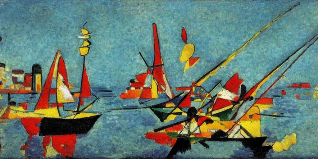 Image similar to rising sun ( ( ( fishing cormorant, fishing boat ) ) ) on the naples bay, by kandinsky