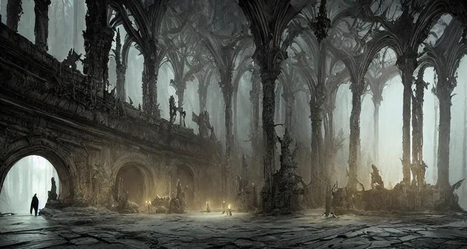 Image similar to king of the wolves - fantasy, inside the king's hall wolves and their treasures, ethereal, ominous, misty, 8 k, by h. r. giger and greg rutkowski, the last guardian by fumito ueda - elden ring