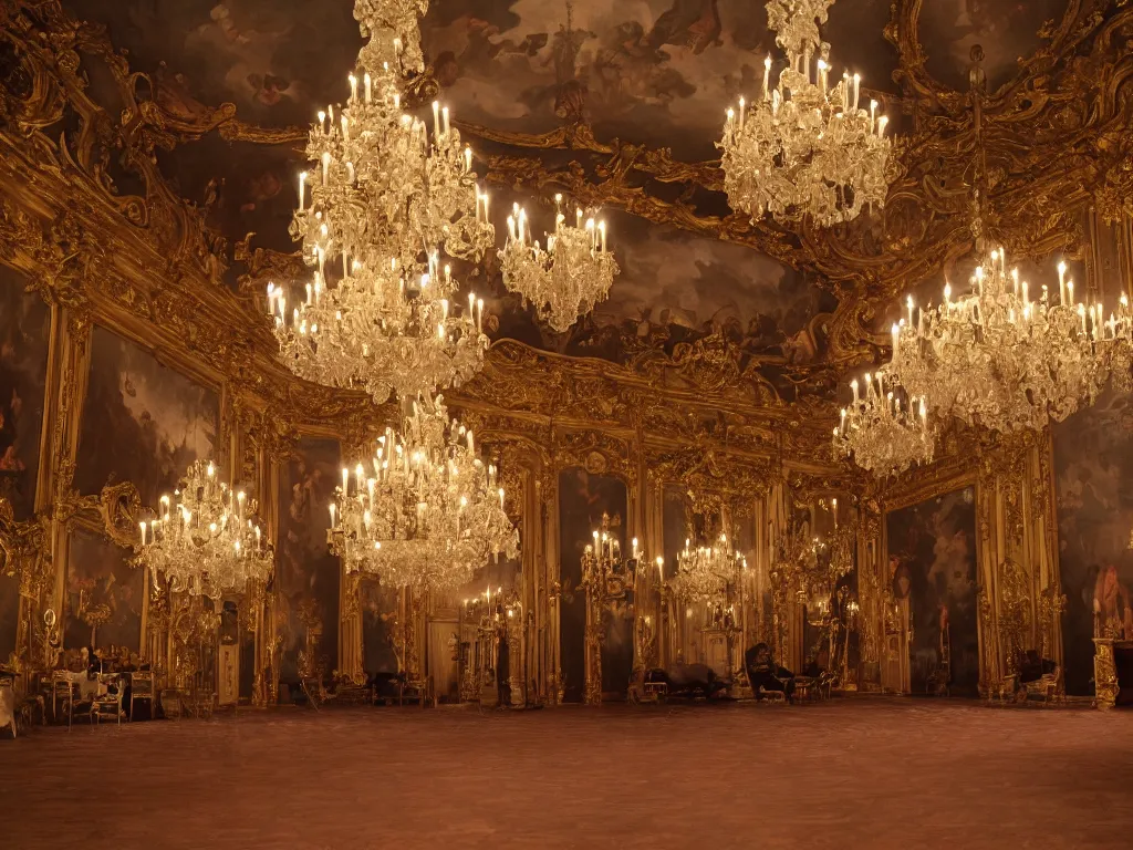 Image similar to A Baroque Ballroom as seen by Stanley Kubrick, 70mm